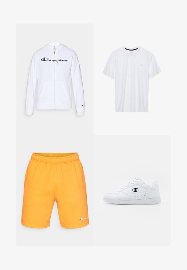 Valkoinen vetoketjullinen huppari, joka on valmistettu pehmeästä kankaasta. Hupparissa on musta "Champion"-logo rinnassa, kengurupocketsit ja ribbauskkeet.; Valkoinen pyöreäkauluksinen t-paita, joka on valmistettu puuvillasta. Siinä on lyhyet hihat ja pieni logo brodeerattuna vasempaan rintakehään. Pehmeä pinta.; Oranssi urheilushortsit, jotka on valmistettu puuvillasekoitteesta. Niissä on joustava vyötärö ja tikattu helma, sekä pieni logo vasemmassa jalassa.; Valkoiset urheilunikenrät, joissa on sileä synteettinen päällinen, musta logo-aksentti ja rei'itetty yksityiskohta sivuilla. Kumipohja.