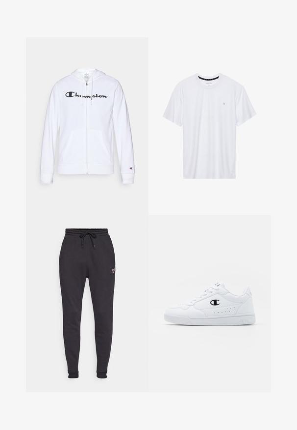 White zip-up hoodie made of soft fabric, featuring a black "Champion" logo on the chest, kangaroo pockets, and ribbed cuffs.; White crewneck t-shirt made of cotton, featuring short sleeves and a small logo embroidered on the left chest area. Soft texture.; Black sweatpants with a drawstring waistband, elastic cuffs, and a small logo on the left thigh. Soft texture, tapered design.; White athletic sneakers with a smooth synthetic upper, black logo accent, and perforated detailing on the side. Rubber sole.