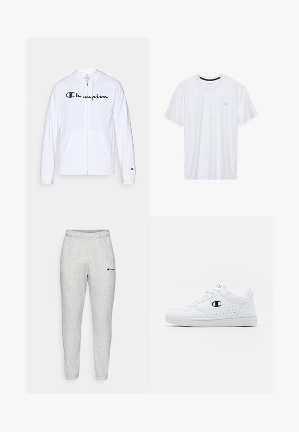 White zip-up hoodie made of soft fabric, featuring a black "Champion" logo on the chest, kangaroo pockets, and ribbed cuffs.; White crewneck t-shirt made of cotton, featuring short sleeves and a small logo embroidered on the left chest area. Soft texture.; Gray sweatpants with an elastic waistband, tapered legs, and a small embroidered logo. Made of soft, textured fabric.; White athletic sneakers with a smooth synthetic upper, black logo accent, and perforated detailing on the side. Rubber sole.