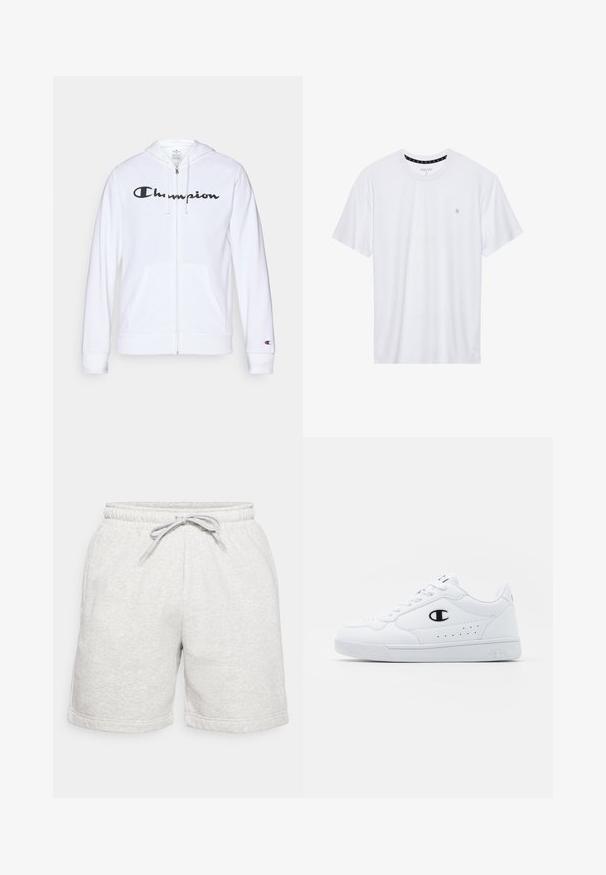 Fehér zipzáros kapucnis felső, puha anyagból készült, fekete "Champion" logóval a mellkasán, kenguruzsebekkel és bordás mandzsettákkal.; Fehér, pamutból készült folt nélküli póló, rövid ujjakkal és a bal melle részén elhelyezett, hímzett kis logóval. Puha tapintású.; Világosszürke pamut rövidnadrág, rugalmas derekú, zsinórpánttal és felgöngyölt szegéllyel. Az alsó oldalon egy kis fehér logó található.; Fehér sportcipők sima, szintetikus felsőrésszel, fekete logóval és perforált részletekkel az oldalon. Gumi talp.