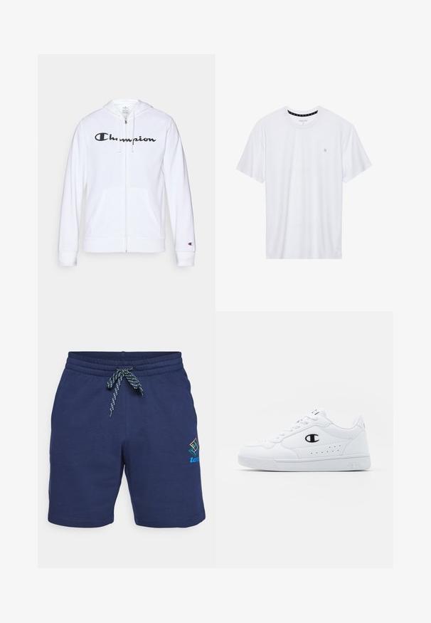 Biela zipsová mikina vyrobená z mäkkej tkaniny, s čiernym logom "Champion" na hrudi, klokankovými vreckami a rebrovanými manžetami.; Biele tričko s okrúhlym výstrihom vyrobené z bavlny, s krátkymi rukávmi a malým logom vyšitým na ľavej strane hrude. Mäkká textúra.; Námornícke modré šortky s nastaviteľným pásom, ktoré majú pruhovaný zeleno-modrý šnúrkový pás. Na boku sa nachádza multicolor logo.; Biele športové tenisky s hladkým syntetickým zvrškom, čiernym logom a perforovanými detailmi na boku. Gumová podošva.