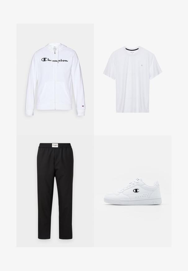 Balts zip-up džemperis, izgatavots no mīkstas auduma, ar melnu "Champion" logotipu uz krūtīm, kengura kabatām un ribotām piedurknēm.; Balts krekliņš ar apaļu kakla izgriezumu, izgatavots no kokvilnas, ar īsām piedurknēm un mazu logo izšuvumu kreisajā krūtīs. Mīksta tekstūra.; Melni bikses ar elastīgu jostu. Izgatavotas no gludas, vieglas auduma. Ar taisnas kājas dizainu un minimālu dekoru.; Baltas sporta apavi ar gludu sintētisku augšdaļu, melnu logotipa akcentu un perforētu apdari sānos. Gumijas zole.
