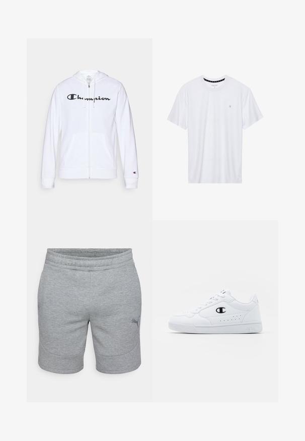 Hvit zip-up hettegenser laget av myk stoff, med en svart "Champion" logo på brystet, kengurulommer og ribbede mansjetter.; Hvit crewneck t-skjorte laget av bomull, med korte ermer og en liten logo brodert på venstre brystområde. Myk tekstur.; Grå idrettsshorts i et mykt stoff, med elastisk linning og et side-logo som detalj. Glatt tekstur, rett snitt, kne lengde.; Hvite atletiske joggesko med en glatt syntetisk overdel, svart logo-akcent og perforerte detaljer på siden. Gummisåle.