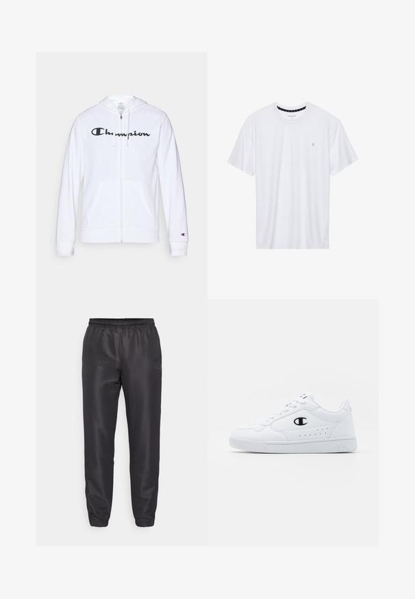 Sudadera blanca con cremallera hecha de tela suave, que presenta un logo negro de "Champion" en el pecho, bolsillos tipo canguro y puños acanalados.; Camiseta de algodón de cuello redondo en color blanco, con mangas cortas y un pequeño logo bordado en el área del pecho izquierdo. Textura suave.; Pantalones deportivos de satén negro con cinturilla y puños elásticos. Presenta un logo en tono sobre el muslo izquierdo. Textura ligera y suave.; Zapatillas deportivas blancas con un upper sintético suave, acento del logo en negro y detalles perforados en los laterales. Suela de goma.