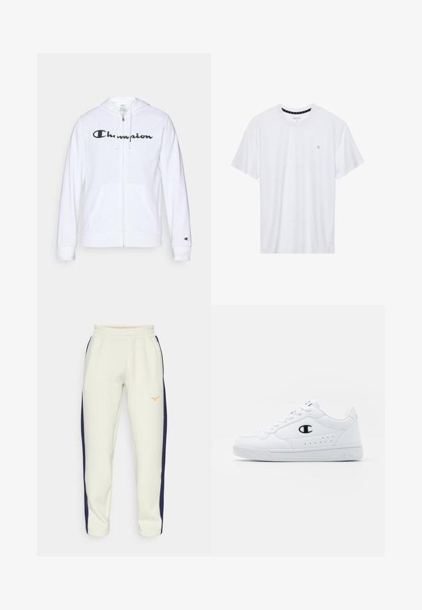 White zip-up hoodie made of soft fabric, featuring a black "Champion" logo on the chest, kangaroo pockets, and ribbed cuffs.; White crewneck t-shirt made of cotton, featuring short sleeves and a small logo embroidered on the left chest area. Soft texture.; Light beige sweatpants with a drawstring waist, navy side stripes, and an orange logo on the left thigh; made from soft material.; White athletic sneakers with a smooth synthetic upper, black logo accent, and perforated detailing on the side. Rubber sole.