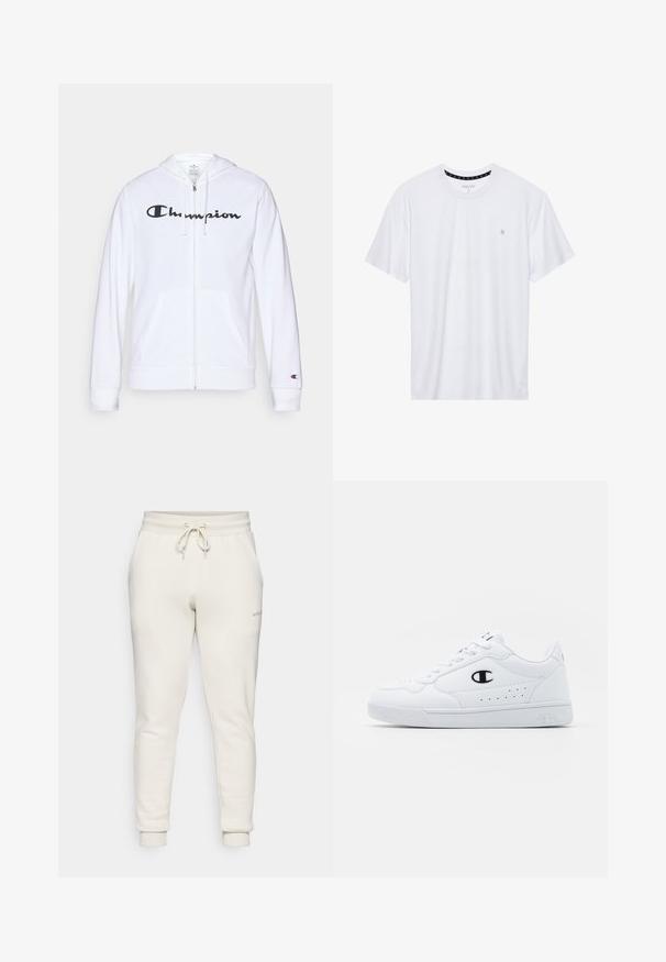 Biela zipsová mikina vyrobená z mäkkej tkaniny, s čiernym logom "Champion" na hrudi, klokankovými vreckami a rebrovanými manžetami.; Biele tričko s okrúhlym výstrihom vyrobené z bavlny, s krátkymi rukávmi a malým logom vyšitým na ľavej strane hrude. Mäkká textúra.; Biele teplákové nohavice vyrobené z mäkkej tkaniny, s elastickým pásom na šnúrku, dvoma bočnými vreckami a priliehajúcimi manžetami na členkoch.; Biele športové tenisky s hladkým syntetickým zvrškom, čiernym logom a perforovanými detailmi na boku. Gumová podošva.