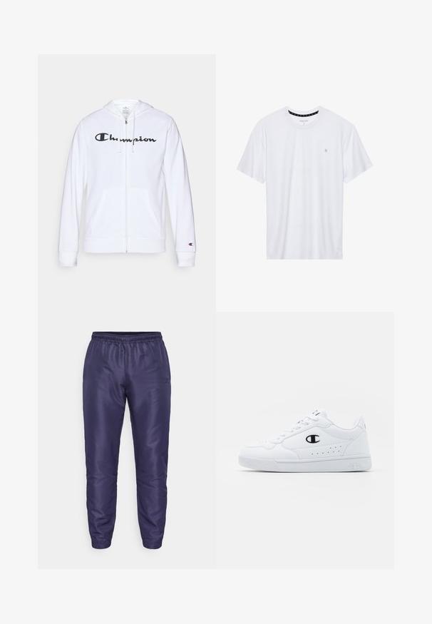 Bela zip-up kapuca iz mehkega materiala, s črnim logotipom "Champion" na prsih, kengurujskimi žepi in rebrastimi manšetami.; Belo majica s kratkimi rokavi iz bombaža, z okroglim izrezom, ki na levem delu prsnega koša nosi majhen izvezen logotip. Mehka tekstura.; Mornarske vetrovke hlače z elastičnim pasom in manšetami; gladek, sijoč material; vsebujejo majhen logotip na levem stegnu.; Bela atletska športna obutev z gladkim sintetičnim zgornjim delom, črnimi logotipnimi detajli in perforacijami na strani. Guma podplat.