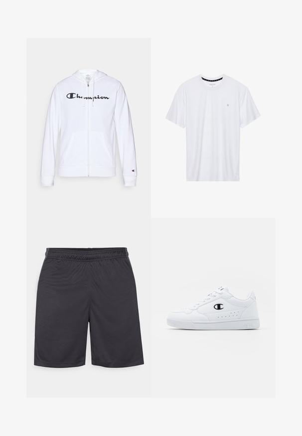 Vit zip-up hoodie i mjukt tyg, med en svart "Champion"-logotyp på bröstet, kängurufickor och ribbad mudd.; Vitt crewneck t-shirt i bomull, med korta ärmar och en liten logotyp broderad på vänstra bröstområdet. Mjuk textur.; Svarta träningsshorts gjorda av ett slätt, lätt tyg. Har ett elastiskt midjeband och sydd fåll utan synliga fickor eller mönster.; Vita atletiska sneakers med en slät syntetisk ovandel, svart logotypdetalj och perforerade detaljer på sidan. Gummisula.