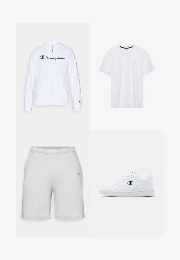 Valge tõmbluku eest avanev kapuutsiga pusa, mis on valmistatud pehmest kangast. Ees on must "Champion" logo, taskud on nagu känguru taskud ja varrukaotsad on soonilised.; Valge ümar kaelusega T-särk, mis on valmistatud puuvillast, lühikeste varrukatega ja vasakus rinnas on väike tikand. Pehme tekstuur.; Valged sportlikud lühikesed püksid, mis on valmistatud siledast kangast, elastse vöökoha ja väikese musta logoga alumisel vasakul küljel.; Valged spordijalatsid, millel on sile sünteetiline pealmine osa, must logo aktsent ja perforatsioonid külgedel. Kummikreen.