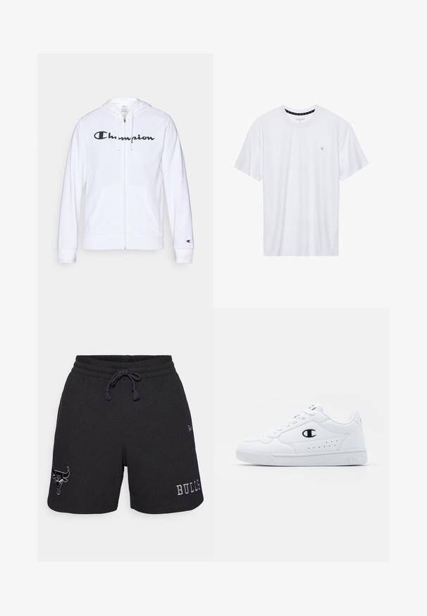 Hvit zip-up hettegenser laget av myk stoff, med en svart "Champion" logo på brystet, kengurulommer og ribbede mansjetter.; Hvit crewneck t-skjorte laget av bomull, med korte ermer og en liten logo brodert på venstre brystområde. Myk tekstur.; Sorte mesh shorts med en teksturert stoff, med en brodert okse-logo på venstre side og "BULLS" brodert i hvitt på høyre side.; Hvite atletiske joggesko med en glatt syntetisk overdel, svart logo-akcent og perforerte detaljer på siden. Gummisåle.