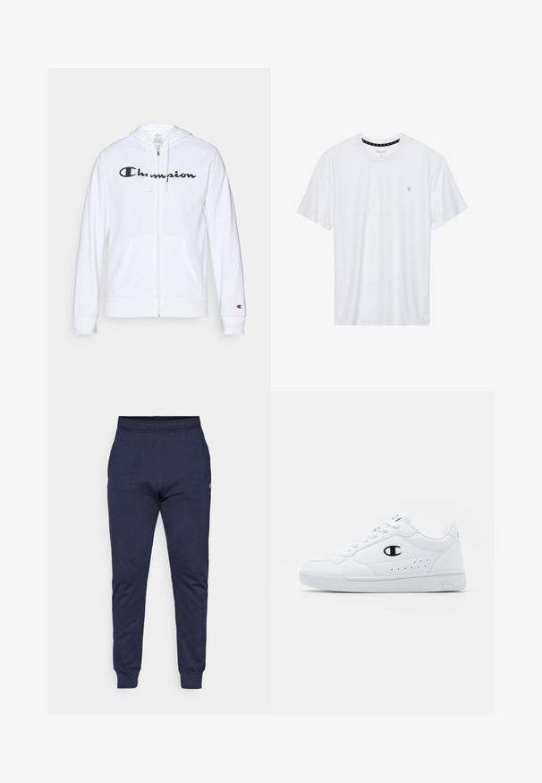 Hvid zip-hoodie lavet af blødt stof, med et sort "Champion" logo på brystet, kængurulommer og ribbede manchetter.; Hvid crewneck t-shirt lavet af bomuld, med korte ærmer og et lille logo broderet på venstre brystområde. Blød tekstur.; Marineblå svedbukser lavet af blød bomuldsblanding, med elastisk talje, ribbede manchetter og et lille logo på den øverste venstre lår.; Hvide atletiske sneakers med en glat syntetisk overdel, sort logoaccent og perforerede detaljer på siden. Gummisål.