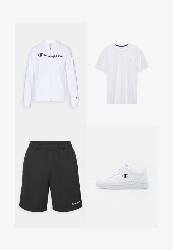 Weißer Reißverschluss-Hoodie aus weichem Stoff, mit einem schwarzen "Champion"-Logo auf der Brust, Kängurutaschen und gerippten Bündchen.; Weißes Crewneck-T-Shirt aus Baumwolle, mit kurzen Ärmeln und einem kleinen, auf der linken Brustseite gestickten Logo. Weiche Textur.; Schwarze Shorts aus leichtem Stoff mit einem elastischen Bund und einem kleinen gestickten Logo auf der unteren linken Seite.; Weißes sportliches Sneakerpaar mit glattem, synthetischen Obermaterial, schwarzem Logo-Akzent und perforierten Details an der Seite. Gummisohle.