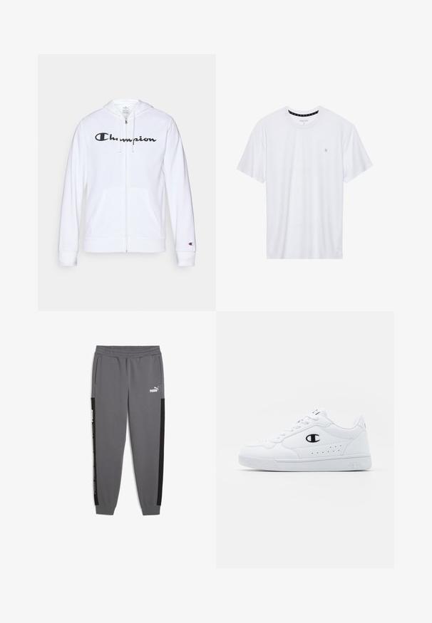 White zip-up hoodie made of soft fabric, featuring a black "Champion" logo on the chest, kangaroo pockets, and ribbed cuffs.; White crewneck t-shirt made of cotton, featuring short sleeves and a small logo embroidered on the left chest area. Soft texture.; Gray sweatpants made of soft fabric, featuring black side stripes, elastic waistband, and Puma logo in white on the front.; White athletic sneakers with a smooth synthetic upper, black logo accent, and perforated detailing on the side. Rubber sole.