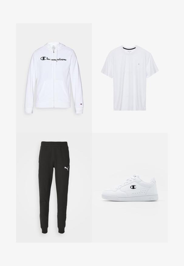 Hvit zip-up hettegenser laget av myk stoff, med en svart "Champion" logo på brystet, kengurulommer og ribbede mansjetter.; Hvit crewneck t-skjorte laget av bomull, med korte ermer og en liten logo brodert på venstre brystområde. Myk tekstur.; Svarte joggebukser med elastisk midje, smalnende ben, og en hvit Puma-logo på venstre lår. Laget av myk stoff med en jevn tekstur.; Hvite atletiske joggesko med en glatt syntetisk overdel, svart logo-akcent og perforerte detaljer på siden. Gummisåle.