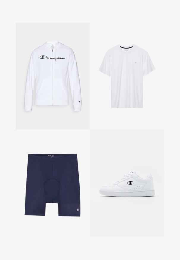 Hvit zip-up hettegenser laget av myk stoff, med en svart "Champion" logo på brystet, kengurulommer og ribbede mansjetter.; Hvit crewneck t-skjorte laget av bomull, med korte ermer og en liten logo brodert på venstre brystområde. Myk tekstur.; Mørkeblå treningsshorts laget av glatt, lett stoff. Har en formtilpasset støtte og en liten logo på nedre del av benet.; Hvite atletiske joggesko med en glatt syntetisk overdel, svart logo-akcent og perforerte detaljer på siden. Gummisåle.