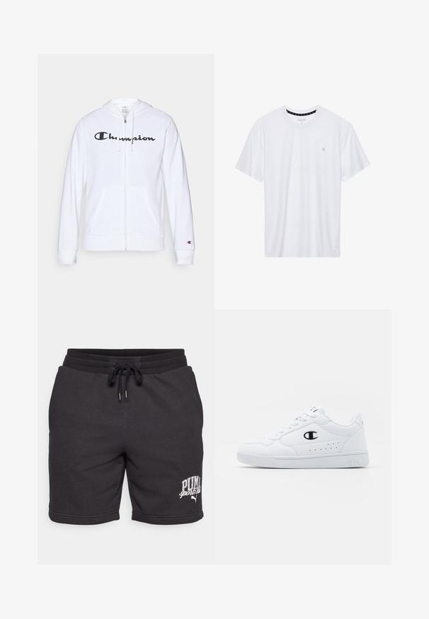 Vit zip-up hoodie i mjukt tyg, med en svart "Champion"-logotyp på bröstet, kängurufickor och ribbad mudd.; Vitt crewneck t-shirt i bomull, med korta ärmar och en liten logotyp broderad på vänstra bröstområdet. Mjuk textur.; Svart bomullsshorts med dragsko i midjan, sidfickor och tryckt "PUMA sports club"-logotyp. Mjuk textur och avslappnad design.; Vita atletiska sneakers med en slät syntetisk ovandel, svart logotypdetalj och perforerade detaljer på sidan. Gummisula.