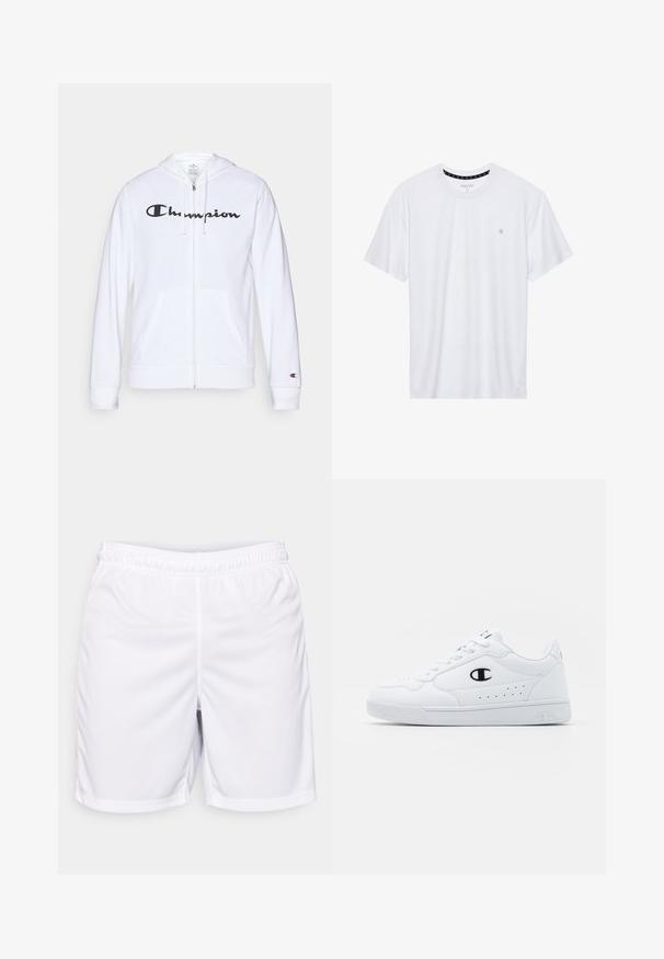 Valge tõmbluku eest avanev kapuutsiga pusa, mis on valmistatud pehmest kangast. Ees on must "Champion" logo, taskud on nagu känguru taskud ja varrukaotsad on soonilised.; Valge ümar kaelusega T-särk, mis on valmistatud puuvillast, lühikeste varrukatega ja vasakus rinnas on väike tikand. Pehme tekstuur.; Valged sportlikud lühikesed püksid kergest kangast, millel on elastne vöökoht, lapikud õmblused ja lihtne disain ilma taskuteta.; Valged spordijalatsid, millel on sile sünteetiline pealmine osa, must logo aktsent ja perforatsioonid külgedel. Kummikreen.