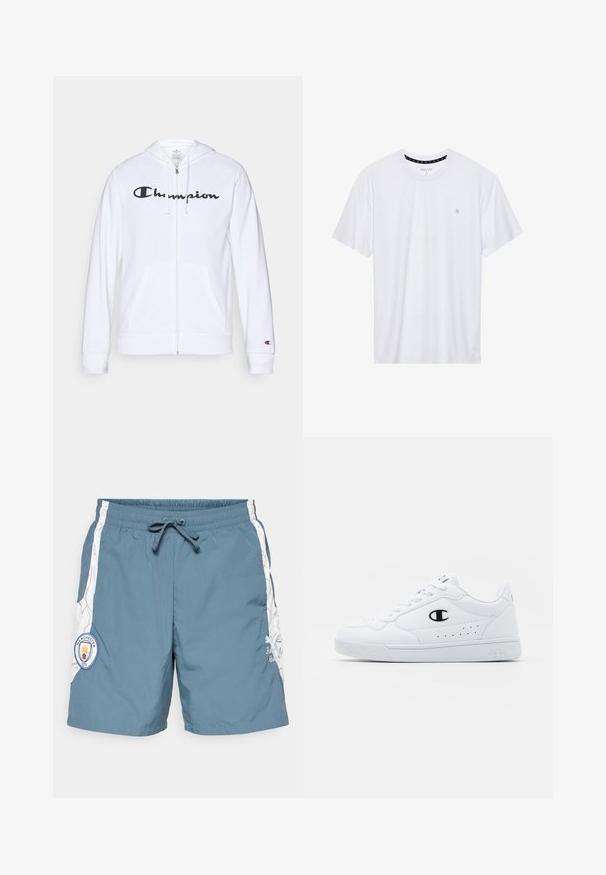 Fehér zipzáros kapucnis felső, puha anyagból készült, fekete "Champion" logóval a mellkasán, kenguruzsebekkel és bordás mandzsettákkal.; Fehér, pamutból készült folt nélküli póló, rövid ujjakkal és a bal melle részén elhelyezett, hímzett kis logóval. Puha tapintású.; Férfi úszónadrág, vízkék színben, rugalmas derékrésszel és húzózsinórral, fehér oldalsó díszítésekkel, valamint Manchester City logóval.; Fehér sportcipők sima, szintetikus felsőrésszel, fekete logóval és perforált részletekkel az oldalon. Gumi talp.