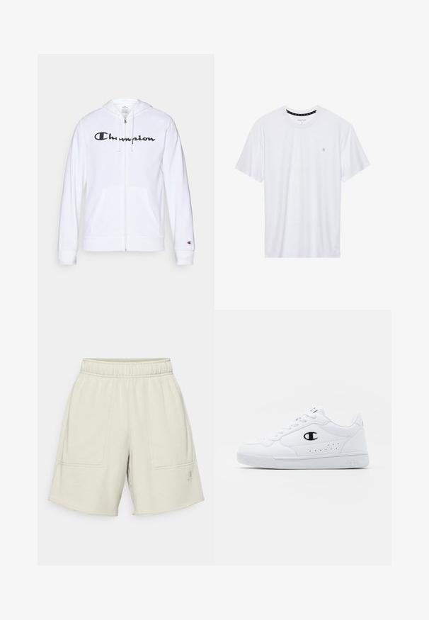 Sudadera blanca con cremallera hecha de tela suave, que presenta un logo negro de "Champion" en el pecho, bolsillos tipo canguro y puños acanalados.; Camiseta de algodón de cuello redondo en color blanco, con mangas cortas y un pequeño logo bordado en el área del pecho izquierdo. Textura suave.; Pantalones cortos de sudadera gris claro con cinturilla elástica, dos bolsillos frontales y detalles de costura sutiles. La tela parece suave y texturizada.; Zapatillas deportivas blancas con un upper sintético suave, acento del logo en negro y detalles perforados en los laterales. Suela de goma.