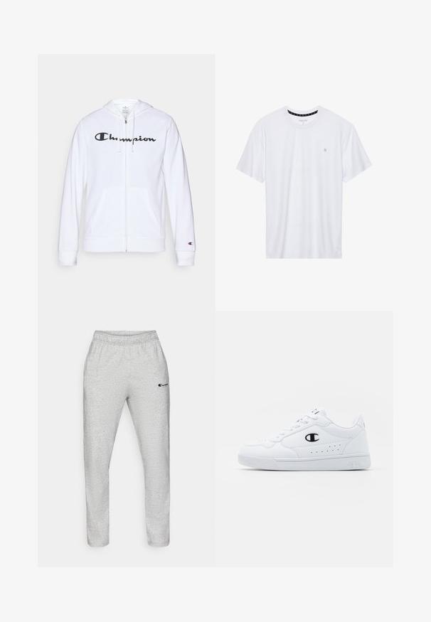 Valkoinen vetoketjullinen huppari, joka on valmistettu pehmeästä kankaasta. Hupparissa on musta "Champion"-logo rinnassa, kengurupocketsit ja ribbauskkeet.; Valkoinen pyöreäkauluksinen t-paita, joka on valmistettu puuvillasta. Siinä on lyhyet hihat ja pieni logo brodeerattuna vasempaan rintakehään. Pehmeä pinta.; Harmaat collegehousut elastisella vyötäröllä. Pehmeä, tekstuuri kangas, jossa on hienovarainen kuvio. Pieni kirjailtu logo tummansinisellä.; Valkoiset urheilunikenrät, joissa on sileä synteettinen päällinen, musta logo-aksentti ja rei'itetty yksityiskohta sivuilla. Kumipohja.