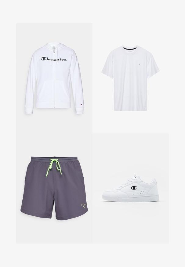 Biela zipsová mikina vyrobená z mäkkej tkaniny, s čiernym logom "Champion" na hrudi, klokankovými vreckami a rebrovanými manžetami.; Biele tričko s okrúhlym výstrihom vyrobené z bavlny, s krátkymi rukávmi a malým logom vyšitým na ľavej strane hrude. Mäkká textúra.; Fialové šortky s viazacím pásom, zdobené neonovo zeleným akcentom okolo viazania a logom potlačeným na dolnej prednej strane.; Biele športové tenisky s hladkým syntetickým zvrškom, čiernym logom a perforovanými detailmi na boku. Gumová podošva.