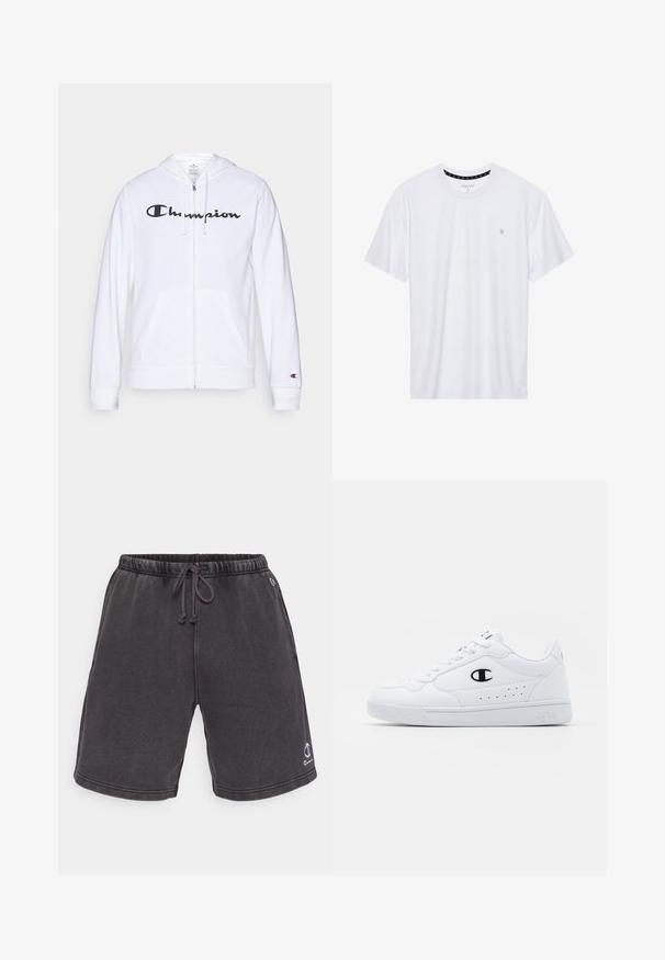 Sudadera blanca con cremallera hecha de tela suave, que presenta un logo negro de "Champion" en el pecho, bolsillos tipo canguro y puños acanalados.; Camiseta de algodón de cuello redondo en color blanco, con mangas cortas y un pequeño logo bordado en el área del pecho izquierdo. Textura suave.; Pantalones cortos gris oscuro hechos de un suave tejido de algodón mezclado, con una cintura elástica y cordón, y un pequeño logo en la parte inferior izquierda.; Zapatillas deportivas blancas con un upper sintético suave, acento del logo en negro y detalles perforados en los laterales. Suela de goma.