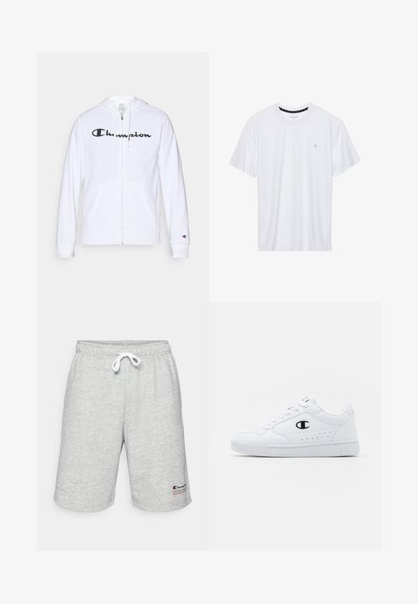 Sweatshirt branca com fecho, feita de tecido macio, apresentando um logótipo preto da "Champion" no peito, bolsos canguru e punhos canelados.; Camiseta branca de gola redonda feita de algodão, com mangas curtas e um pequeno logótipo bordado na área do peito esquerdo. Textura suave.; Bermudas cinza em mistura de algodão com uma cintura elástica, cordão branco e um pequeno logótipo bordado perto da bainha. Corte casual e até ao joelho.; Sapatilhas brancas de desporto com um cabedal sintético liso, detalhes em preto no logótipo e perfurações na lateral. Sola em borracha.