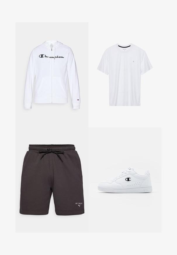 Bílá mikina na zip vyrobená z měkké tkaniny, s černým logem "Champion" na hrudi, kapsami ve tvaru klokaní kapsy a žebrovanými manžetami.; Bílý crewneck tričko vyrobené z bavlny, s krátkými rukávy a malým logem vyšitým na levé straně hrudi. Měkká textura.; Černé sportovní šortky vyrobené z měkké látky, s elastickým pasem a šnůrkou na stažení, a bílým potiskem loga na dolní části nohy.; Bílé sportovní tenisky s hladkým syntetickým svrškem, černým logem a perforovanými detaily po stranách. Gumová podrážka.