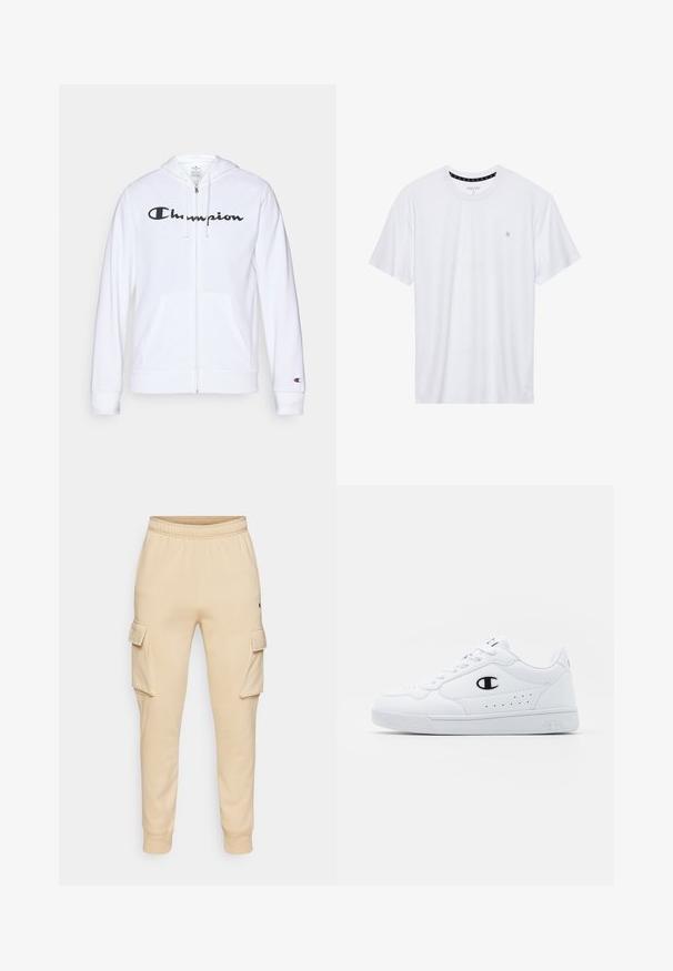 Witte zip-up hoodie van zachte stof, met een zwart "Champion" logo op de borst, kangoeroe zakken en geribbelde manchetten.; Witte crewneck t-shirt van katoen, met korte mouwen en een klein logo geborduurd op de linkerborst. Zachte textuur.; Beige katoenen sweatpants met een tailleband met trekkoord, ribbelboorden en twee cargozakken aan de zijkanten. Gladde textuur en casual ontwerp.; Witte sportschoenen met een glad bovenwerk van synthetisch materiaal, zwarte logoaccenten en geperforeerde details aan de zijkant. Rubberen zool.