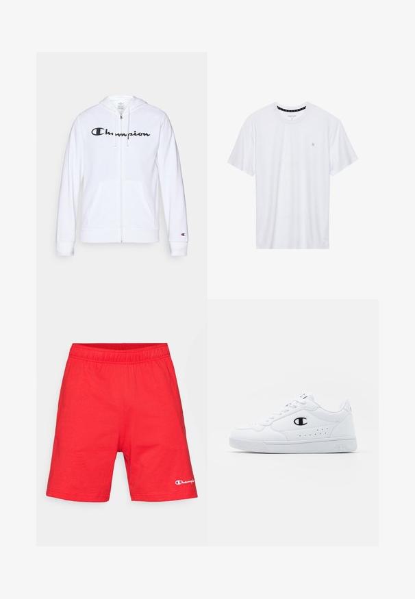 Valge tõmbluku eest avanev kapuutsiga pusa, mis on valmistatud pehmest kangast. Ees on must "Champion" logo, taskud on nagu känguru taskud ja varrukaotsad on soonilised.; Valge ümar kaelusega T-särk, mis on valmistatud puuvillast, lühikeste varrukatega ja vasakus rinnas on väike tikand. Pehme tekstuur.; Punased puuvillased lühikesed püksid, millel on kummist vöökoht ja logo detailid vasakul alumises nurgas. Sile tekstuur, kuni põlvedeni ulatuv lõige.; Valged spordijalatsid, millel on sile sünteetiline pealmine osa, must logo aktsent ja perforatsioonid külgedel. Kummikreen.