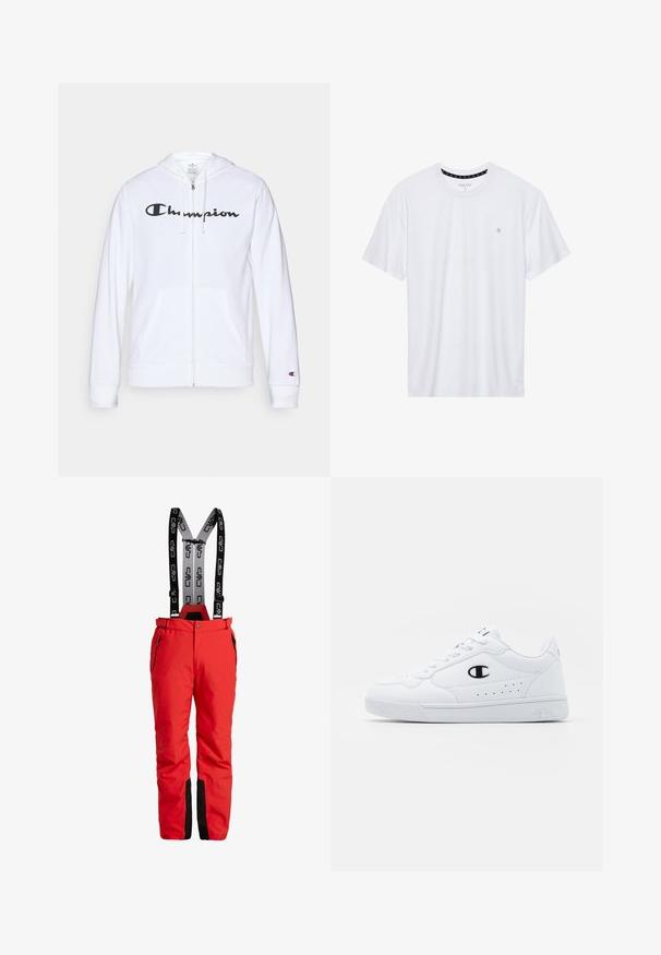Fehér zipzáros kapucnis felső, puha anyagból készült, fekete "Champion" logóval a mellkasán, kenguruzsebekkel és bordás mandzsettákkal.; Fehér, pamutból készült folt nélküli póló, rövid ujjakkal és a bal melle részén elhelyezett, hímzett kis logóval. Puha tapintású.; Piros sínadrág állítható fekete felfüggesztőkkel, logóval. Zippzáros zsebekkel és fekete kiegészítőkkel a száraknál. Vízhatlan anyag.; Fehér sportcipők sima, szintetikus felsőrésszel, fekete logóval és perforált részletekkel az oldalon. Gumi talp.