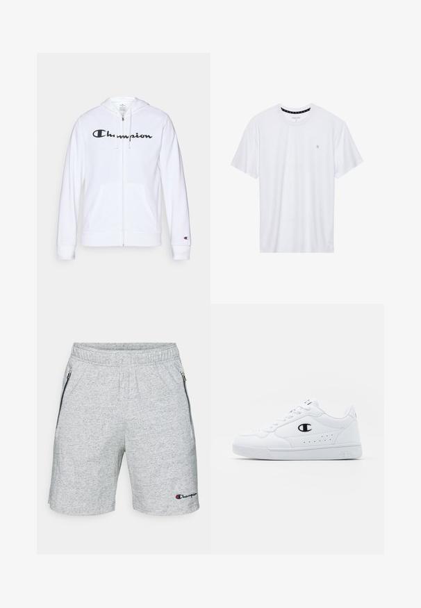 Balts zip-up džemperis, izgatavots no mīkstas auduma, ar melnu "Champion" logotipu uz krūtīm, kengura kabatām un ribotām piedurknēm.; Balts krekliņš ar apaļu kakla izgriezumu, izgatavots no kokvilnas, ar īsām piedurknēm un mazu logo izšuvumu kreisajā krūtīs. Mīksta tekstūra.; Pelēki sporta šorti ar elastīgu vidukli, sānu rāvējslēdzējiem un teksta logotipu uz apakšmalas. Mīksts audums ar heathered tekstūru.; Baltas sporta apavi ar gludu sintētisku augšdaļu, melnu logotipa akcentu un perforētu apdari sānos. Gumijas zole.