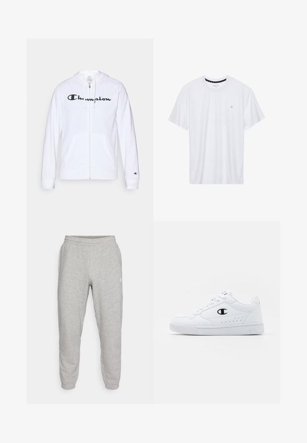 Weißer Reißverschluss-Hoodie aus weichem Stoff, mit einem schwarzen "Champion"-Logo auf der Brust, Kängurutaschen und gerippten Bündchen.; Weißes Crewneck-T-Shirt aus Baumwolle, mit kurzen Ärmeln und einem kleinen, auf der linken Brustseite gestickten Logo. Weiche Textur.; Graue Jogginghosen mit schmalem Schnitt, elastischem Bund und Bündchen. Weicher Stoff mit dezenter Textur. Mit kleinem weißen Logo an der Seite.; Weißes sportliches Sneakerpaar mit glattem, synthetischen Obermaterial, schwarzem Logo-Akzent und perforierten Details an der Seite. Gummisohle.