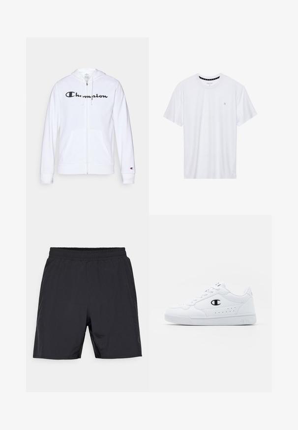 Sudadera blanca con cremallera hecha de tela suave, que presenta un logo negro de "Champion" en el pecho, bolsillos tipo canguro y puños acanalados.; Camiseta de algodón de cuello redondo en color blanco, con mangas cortas y un pequeño logo bordado en el área del pecho izquierdo. Textura suave.; Pantalones cortos deportivos negros con cintura elástica y bolsillos laterales, diseñados para comodidad y actividad.; Zapatillas deportivas blancas con un upper sintético suave, acento del logo en negro y detalles perforados en los laterales. Suela de goma.