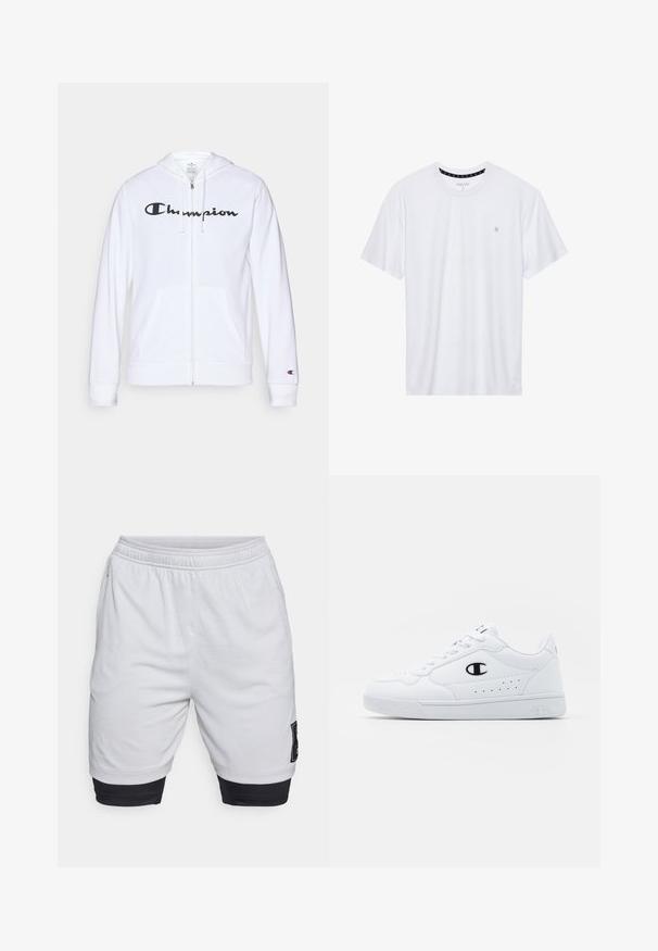 Witte zip-up hoodie van zachte stof, met een zwart "Champion" logo op de borst, kangoeroe zakken en geribbelde manchetten.; Witte crewneck t-shirt van katoen, met korte mouwen en een klein logo geborduurd op de linkerborst. Zachte textuur.; Witte sportieve shorts met een elastische tailleband, voorzien van een zwart afgewerkte zoom en een logo-label aan de zijkant. Gemaakt van lichtgewicht stof.; Witte sportschoenen met een glad bovenwerk van synthetisch materiaal, zwarte logoaccenten en geperforeerde details aan de zijkant. Rubberen zool.