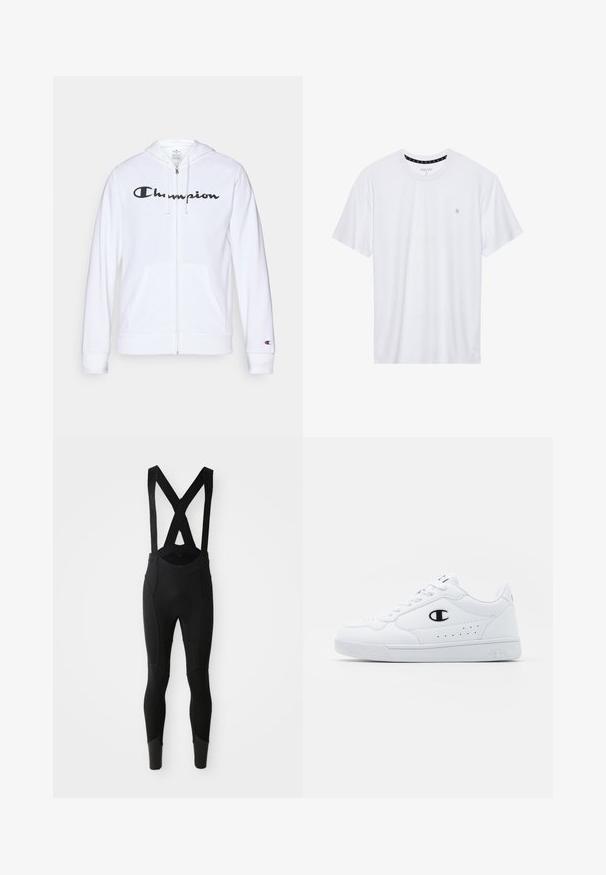 Hvit zip-up hettegenser laget av myk stoff, med en svart "Champion" logo på brystet, kengurulommer og ribbede mansjetter.; Hvit crewneck t-skjorte laget av bomull, med korte ermer og en liten logo brodert på venstre brystområde. Myk tekstur.; Sorte sykkel bib-tights med justerbare X-formede seler, teksturerte paneler og smale ben som taper seg mot ankelen.; Hvite atletiske joggesko med en glatt syntetisk overdel, svart logo-akcent og perforerte detaljer på siden. Gummisåle.