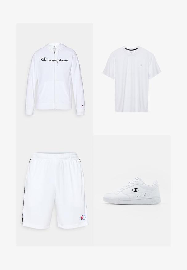 Balta užtrauktuku užsegama džemperis, pagamintas iš minkštos medžiagos, su juodu "Champion" logotipu krūtinėje, kengūrų tipo kišenėmis ir ribotu rankogaliais.; Balta apvalios kaklo marškinėliai, pagaminti iš medvilnės, su trumpomis rankovėmis ir mažuoju logotipu, išsiuvinėtu kairėje krūtinės pusėje. Minkštas audinys.; Balti sportiniai šortai su elastinga juosta. Šonų panelės turi juodą dizainą ir logotipo akcentus raudona ir mėlyna spalvomis. Lygi tekstūra.; Baltos sportinės kedai su lygiu sintetinės medžiagos viršumi, juodu logotipo akcentu ir perforuotomis detalėmis šonuose. Gumos padas.