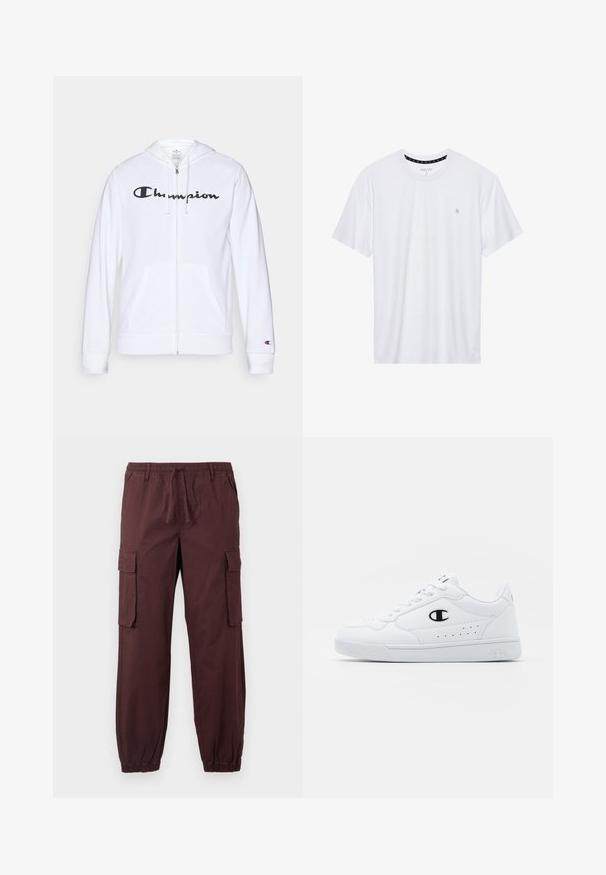 Bijela zip-up dukserica izrađena od mekog materijala, s crnim "Champion" logotipom na prsima, kengur džepovima i rebrastim manžetama.; Bijela majica s okruglim izrezom, izrađena od pamuka, s kratkim rukavima i malim logotipom izvezenim na lijevoj strani prsnog područja. Meka tekstura.; Smeđe cargo hlače s elastičnim pojasom i manžetama na gležnjevima, s prednjim bočnim džepovima i velikim džepovima s preklopom na svakom bedru.; Bijele atletske tenisice s glatkim sintetičkim gornjištem, crnim logotipom i perforiranim detaljima sa strane. Guma potplat.