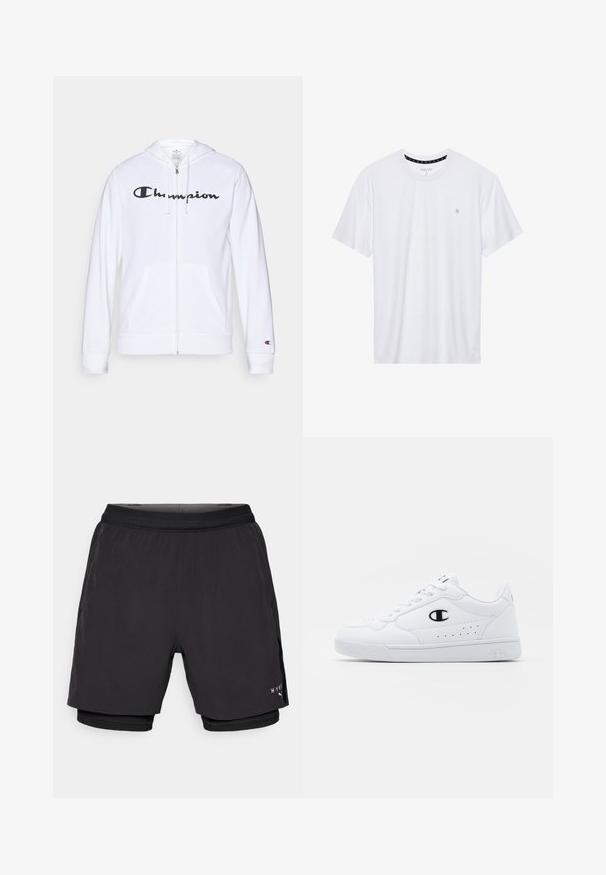 Balta užtrauktuku užsegama džemperis, pagamintas iš minkštos medžiagos, su juodu "Champion" logotipu krūtinėje, kengūrų tipo kišenėmis ir ribotu rankogaliais.; Balta apvalios kaklo marškinėliai, pagaminti iš medvilnės, su trumpomis rankovėmis ir mažuoju logotipu, išsiuvinėtu kairėje krūtinės pusėje. Minkštas audinys.; Juodi sportiniai šortai su sluoksniuota konstrukcija, turintys lygų išorinį audinį, elastingą juosmenį ir vidinę tinklinę pamušalą. Ženklas ant šono.; Baltos sportinės kedai su lygiu sintetinės medžiagos viršumi, juodu logotipo akcentu ir perforuotomis detalėmis šonuose. Gumos padas.