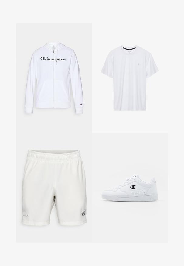 Sweatshirt branca com fecho, feita de tecido macio, apresentando um logótipo preto da "Champion" no peito, bolsos canguru e punhos canelados.; Camiseta branca de gola redonda feita de algodão, com mangas curtas e um pequeno logótipo bordado na área do peito esquerdo. Textura suave.; EA7 Emporio Armani TENNIS PRO SHORTS - Calções desportivos - star white; Sapatilhas brancas de desporto com um cabedal sintético liso, detalhes em preto no logótipo e perfurações na lateral. Sola em borracha.