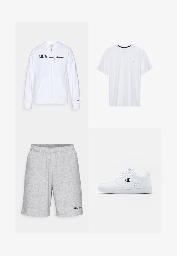 White zip-up hoodie made of soft fabric, featuring a black "Champion" logo on the chest, kangaroo pockets, and ribbed cuffs.; White crewneck t-shirt made of cotton, featuring short sleeves and a small logo embroidered on the left chest area. Soft texture.; Gray cotton shorts with an elastic waistband, featuring a small logo on the lower left side. Fabric has a textured, heathered pattern.; White athletic sneakers with a smooth synthetic upper, black logo accent, and perforated detailing on the side. Rubber sole.