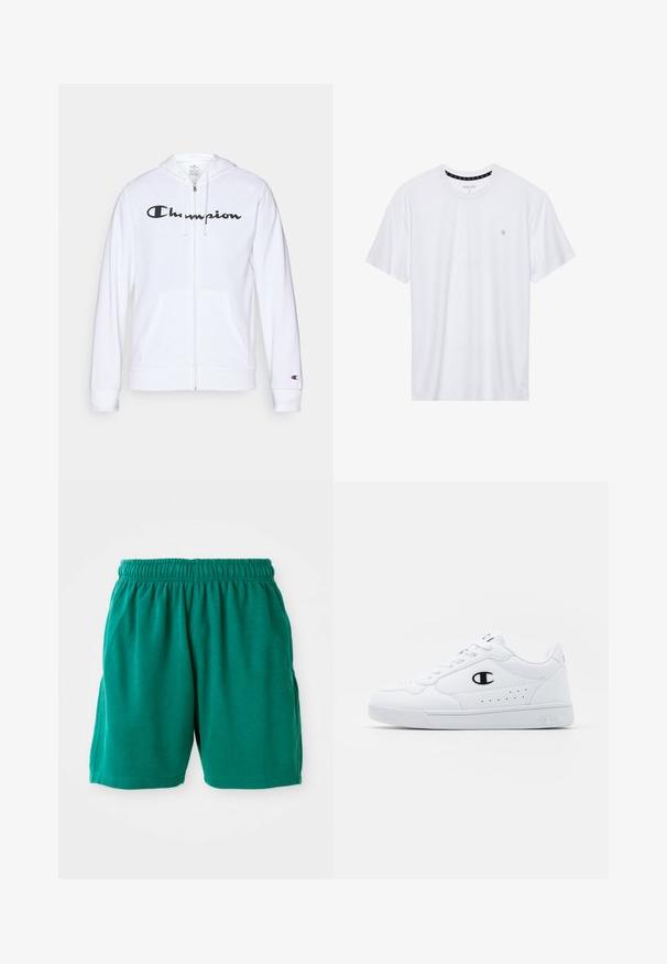 Sweatshirt branca com fecho, feita de tecido macio, apresentando um logótipo preto da "Champion" no peito, bolsos canguru e punhos canelados.; Camiseta branca de gola redonda feita de algodão, com mangas curtas e um pequeno logótipo bordado na área do peito esquerdo. Textura suave.; Bermudas verdes de algodão com um cós elástico, bolsos laterais e bainha cosida. Textura suave com um ajuste descontraído e casual.; Sapatilhas brancas de desporto com um cabedal sintético liso, detalhes em preto no logótipo e perfurações na lateral. Sola em borracha.
