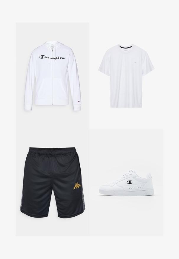 Balta užtrauktuku užsegama džemperis, pagamintas iš minkštos medžiagos, su juodu "Champion" logotipu krūtinėje, kengūrų tipo kišenėmis ir ribotu rankogaliais.; Balta apvalios kaklo marškinėliai, pagaminti iš medvilnės, su trumpomis rankovėmis ir mažuoju logotipu, išsiuvinėtu kairėje krūtinės pusėje. Minkštas audinys.; Juodos sportinės šortai, pagaminti iš kvėpuojančios tinklinės medžiagos, su auksiniu logotipu kairiajame šone ir pilkais šonų akcentais. Įtrauktas elastingas juosmuo.; Baltos sportinės kedai su lygiu sintetinės medžiagos viršumi, juodu logotipo akcentu ir perforuotomis detalėmis šonuose. Gumos padas.