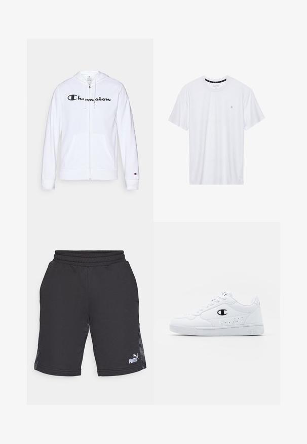 Hvit zip-up hettegenser laget av myk stoff, med en svart "Champion" logo på brystet, kengurulommer og ribbede mansjetter.; Hvit crewneck t-skjorte laget av bomull, med korte ermer og en liten logo brodert på venstre brystområde. Myk tekstur.; Sorte treningshorts laget av et glatt stoff, med en ribbet midjebånd og sidepaneler med et subtilt mønster. Puma-logoen er plassert nederst til høyre.; Hvite atletiske joggesko med en glatt syntetisk overdel, svart logo-akcent og perforerte detaljer på siden. Gummisåle.