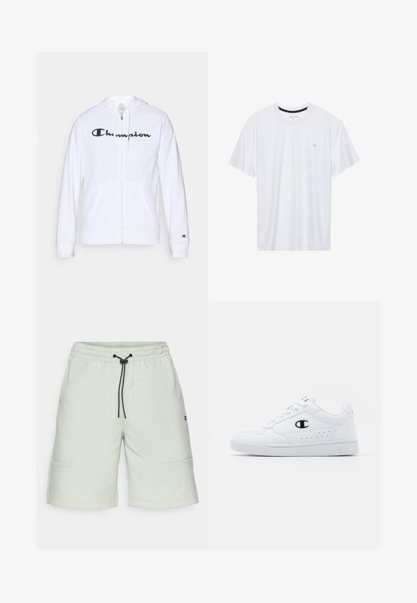 Bijela zip-up dukserica izrađena od mekog materijala, s crnim "Champion" logotipom na prsima, kengur džepovima i rebrastim manžetama.; Bijela majica s okruglim izrezom, izrađena od pamuka, s kratkim rukavima i malim logotipom izvezenim na lijevoj strani prsnog područja. Meka tekstura.; Svijetlozelene kratke hlače od mekog materijala s elastičnim pojasom, vezicom i dva prednja džepa. Imaju logo sa strane.; Bijele atletske tenisice s glatkim sintetičkim gornjištem, crnim logotipom i perforiranim detaljima sa strane. Guma potplat.