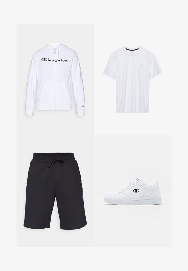 Balts zip-up džemperis, izgatavots no mīkstas auduma, ar melnu "Champion" logotipu uz krūtīm, kengura kabatām un ribotām piedurknēm.; Balts krekliņš ar apaļu kakla izgriezumu, izgatavots no kokvilnas, ar īsām piedurknēm un mazu logo izšuvumu kreisajā krūtīs. Mīksta tekstūra.; Champion ICONS LONG BERMUDA SHORTS SMALL LOGO - Sporta šorti - black; Baltas sporta apavi ar gludu sintētisku augšdaļu, melnu logotipa akcentu un perforētu apdari sānos. Gumijas zole.