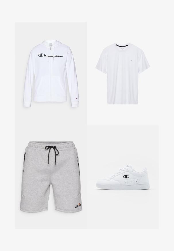 Valge tõmbluku eest avanev kapuutsiga pusa, mis on valmistatud pehmest kangast. Ees on must "Champion" logo, taskud on nagu känguru taskud ja varrukaotsad on soonilised.; Valge ümar kaelusega T-särk, mis on valmistatud puuvillast, lühikeste varrukatega ja vasakus rinnas on väike tikand. Pehme tekstuur.; Halliset puuvillasegudest lühikesed püksid elastse vöökoha, paelaga, kahe küljetaskuga ja logoga vasakul jalal. Sile tekstuur.; Valged spordijalatsid, millel on sile sünteetiline pealmine osa, must logo aktsent ja perforatsioonid külgedel. Kummikreen.