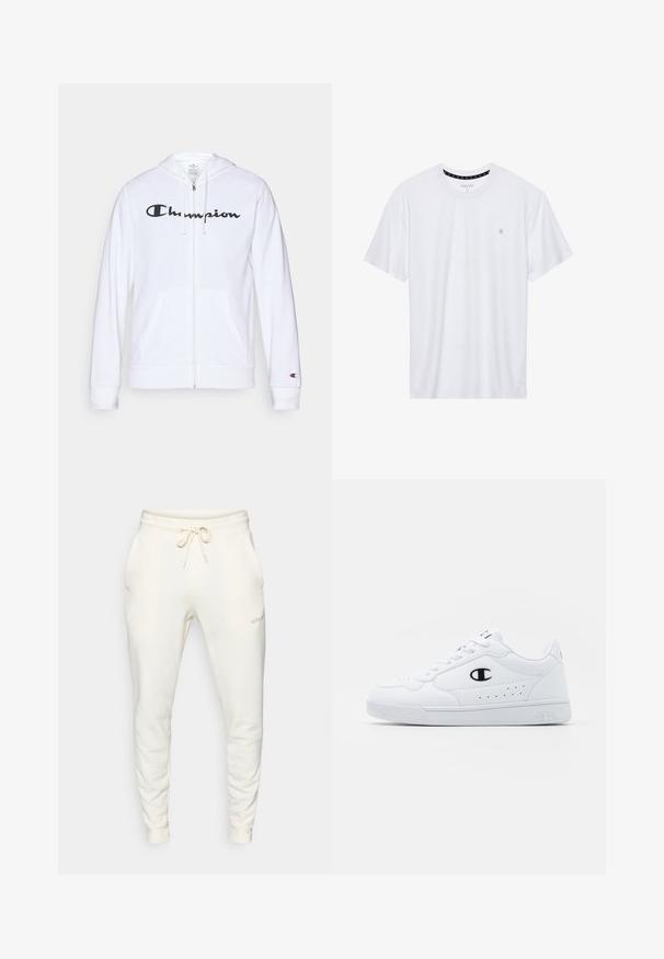 Balts zip-up džemperis, izgatavots no mīkstas auduma, ar melnu "Champion" logotipu uz krūtīm, kengura kabatām un ribotām piedurknēm.; Balts krekliņš ar apaļu kakla izgriezumu, izgatavots no kokvilnas, ar īsām piedurknēm un mazu logo izšuvumu kreisajā krūtīs. Mīksta tekstūra.; Baltas sporta bikses no mīksta auduma, ar elastīgu jostu ar auklu, sānu kabatām un ribētu maliņu.; Baltas sporta apavi ar gludu sintētisku augšdaļu, melnu logotipa akcentu un perforētu apdari sānos. Gumijas zole.
