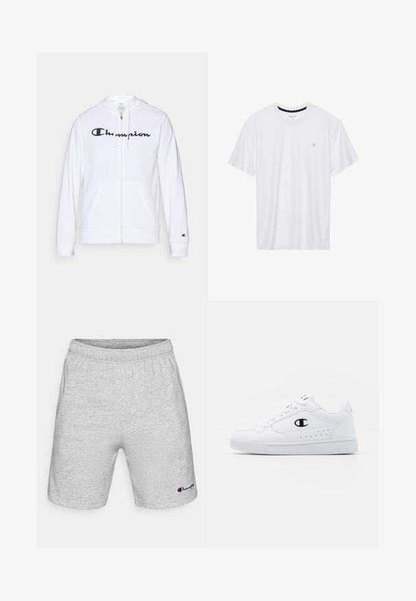 Valge tõmbluku eest avanev kapuutsiga pusa, mis on valmistatud pehmest kangast. Ees on must "Champion" logo, taskud on nagu känguru taskud ja varrukaotsad on soonilised.; Valge ümar kaelusega T-särk, mis on valmistatud puuvillast, lühikeste varrukatega ja vasakus rinnas on väike tikand. Pehme tekstuur.; Hallide puuvillasegusega lühikesed püksid, millel on elastne vöökoht ja vasakul reiel väike tikandiga logo. Pehme ja tekstureeritud kangas.; Valged spordijalatsid, millel on sile sünteetiline pealmine osa, must logo aktsent ja perforatsioonid külgedel. Kummikreen.