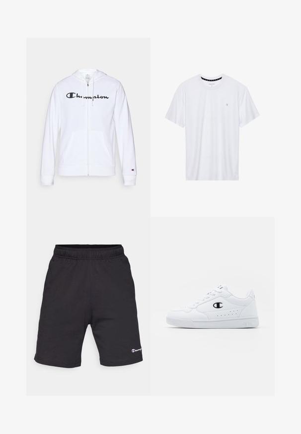 Sudadera blanca con cremallera hecha de tela suave, que presenta un logo negro de "Champion" en el pecho, bolsillos tipo canguro y puños acanalados.; Camiseta de algodón de cuello redondo en color blanco, con mangas cortas y un pequeño logo bordado en el área del pecho izquierdo. Textura suave.; Pantalones cortos atléticos negros hechos de una tela suave, con una cinturilla elástica y un pequeño logotipo blanco de Champion en la parte inferior izquierda.; Zapatillas deportivas blancas con un upper sintético suave, acento del logo en negro y detalles perforados en los laterales. Suela de goma.
